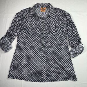 Tory Burch Blouse Top Blue White Square Signature‎ T Cotton Shirt Size 4